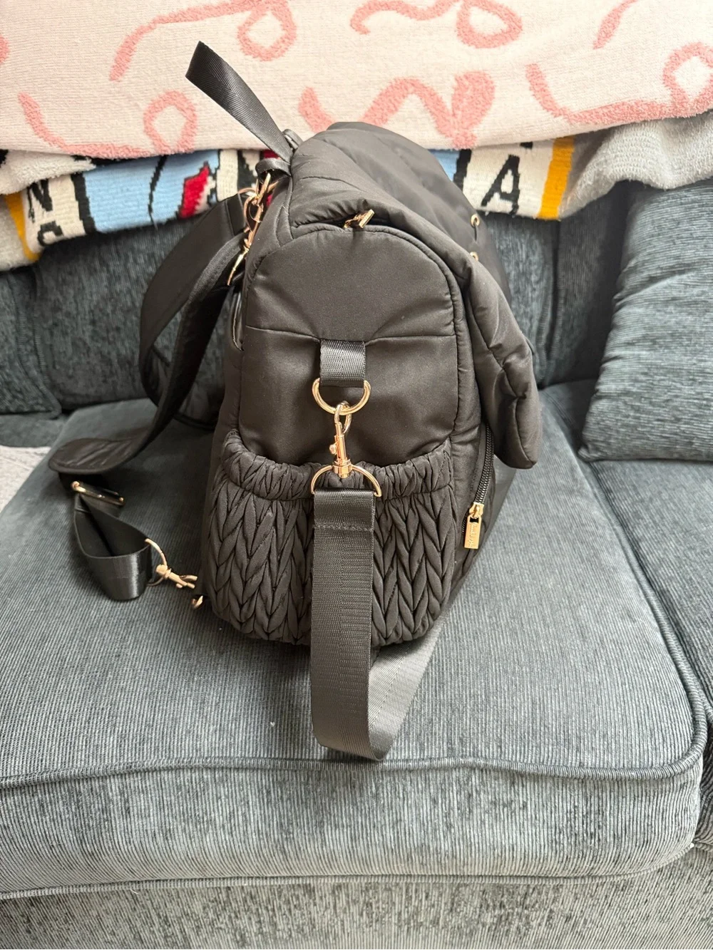 Hannah & Sophia Black Quilted Diaper Bag Backpack Black and Gold